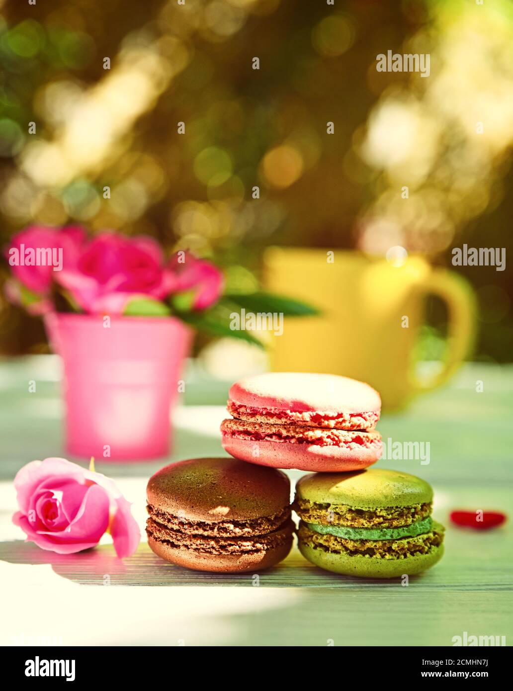 Three multi-colored almond macaroons Stock Photo