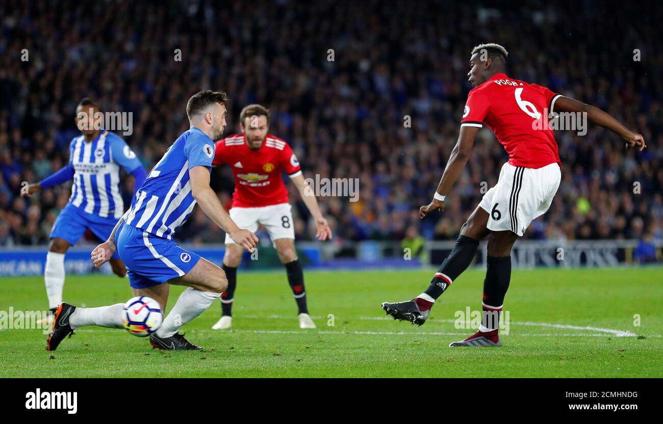 Soccer Football - Premier League - Brighton & Hove Albion v Manchester United - The American Express Community Stadium, Brighton, Britain - May 4, 2018   Manchester United's Paul Pogba shoots at goal    REUTERS/Eddie Keogh    EDITORIAL USE ONLY. No use with unauthorized audio, video, data, fixture lists, club/league logos or 'live' services. Online in-match use limited to 75 images, no video emulation. No use in betting, games or single club/league/player publications.  Please contact your account representative for further details. Stock Photo