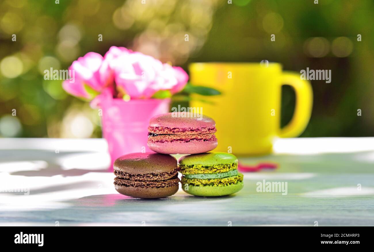 macaroons on a white table Stock Photo