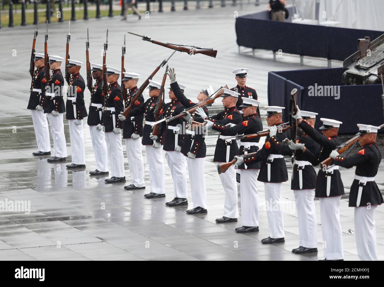 The U.S. Marine Corps Silent Drill Platoon takes part in Fourth of July Independence Day celebrations at the Lincoln Memorial in Washington, D.C., U.S., July 4, 2019. REUTERS/Tom Brenner Stock Photo