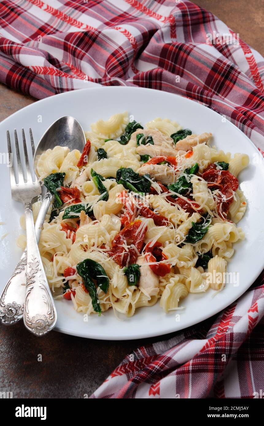 Warm salad pasta with chicken, sun dried tomatoes, spinach, pepper and  flavored   parmesan cheese Stock Photo