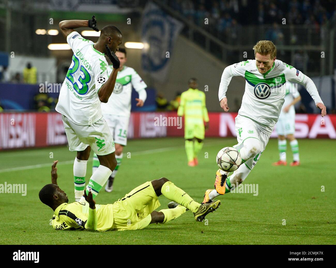 Football Soccer - VfL Wolfsburg v K.A.A. Gent - UEFA Champions League -  Round of 16 Second Leg - VfL Volkswagen Arena, Wolfsburg, Germany - 8/3/16 VfL  Wolfsburg's Josuha Guilavogui and Andre