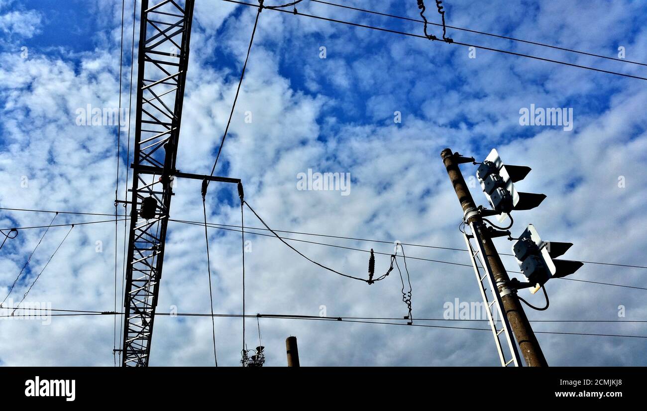 Line of high voltage wires Stock Photo Alamy