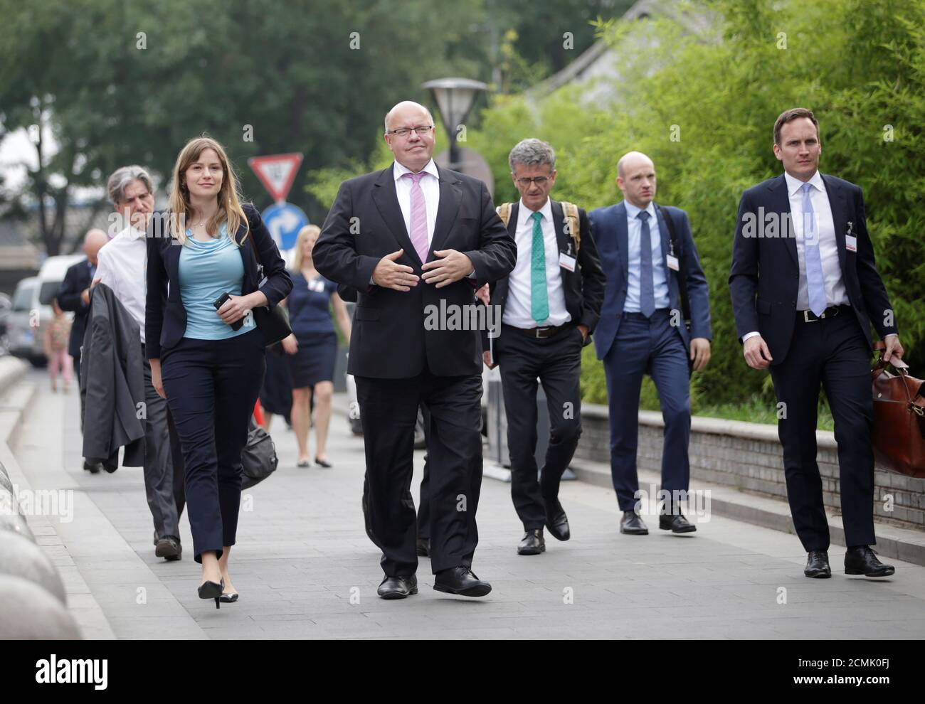 Germany's Economy Minister Peter Altmaier arrives to meet the media in front of the Drum Tower in Beijing, China June 19, 2019. REUTERS/Jason Lee Stock Photo