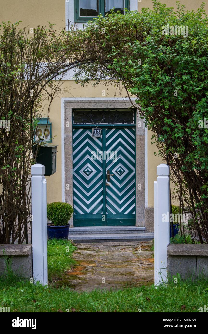 Typical entry door in the Waldviertel. Old clothing factory - textile museum in Weitra, Waldviertel, Austria Stock Photo