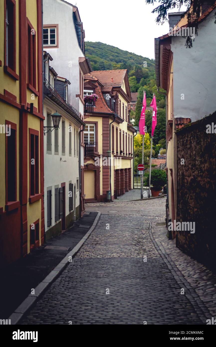 A narrow street in Heidelberg Altstadt, the old town section of
