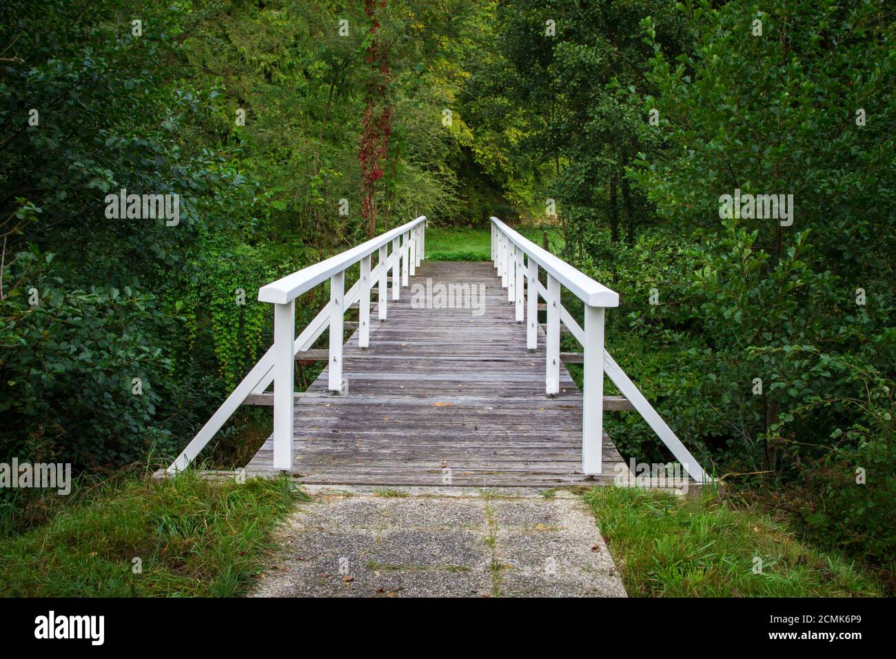 Timber bridge. Old clothing factory - textile museum in Weitra, Waldviertel, Austria Stock Photo