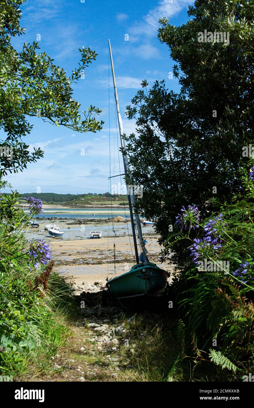 A sailing boat pulled up on a path leading down to Green Bay beach on Bryher, Isles of Scilly Stock Photo
