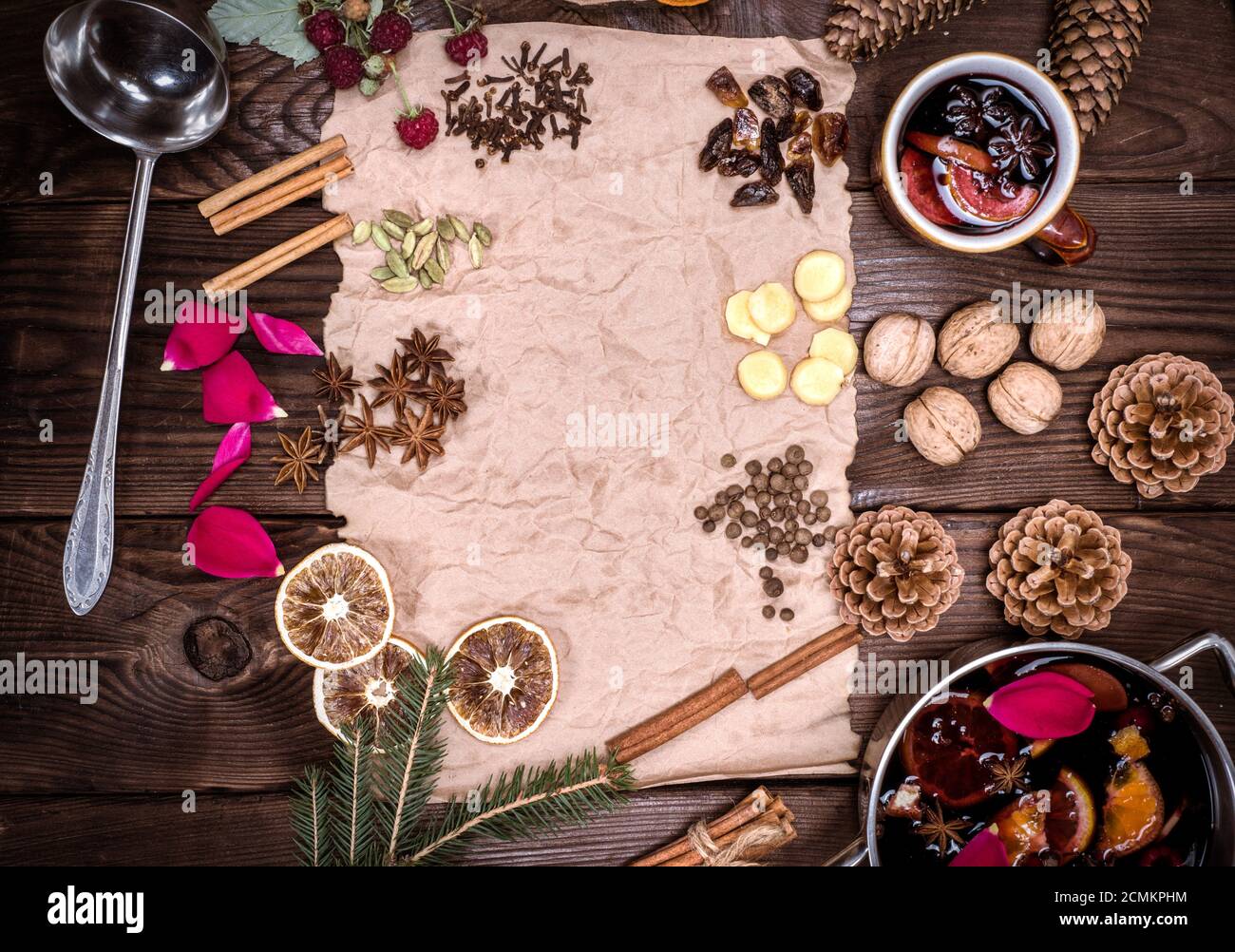 brown paper and ingredients for making mulled wine Stock Photo