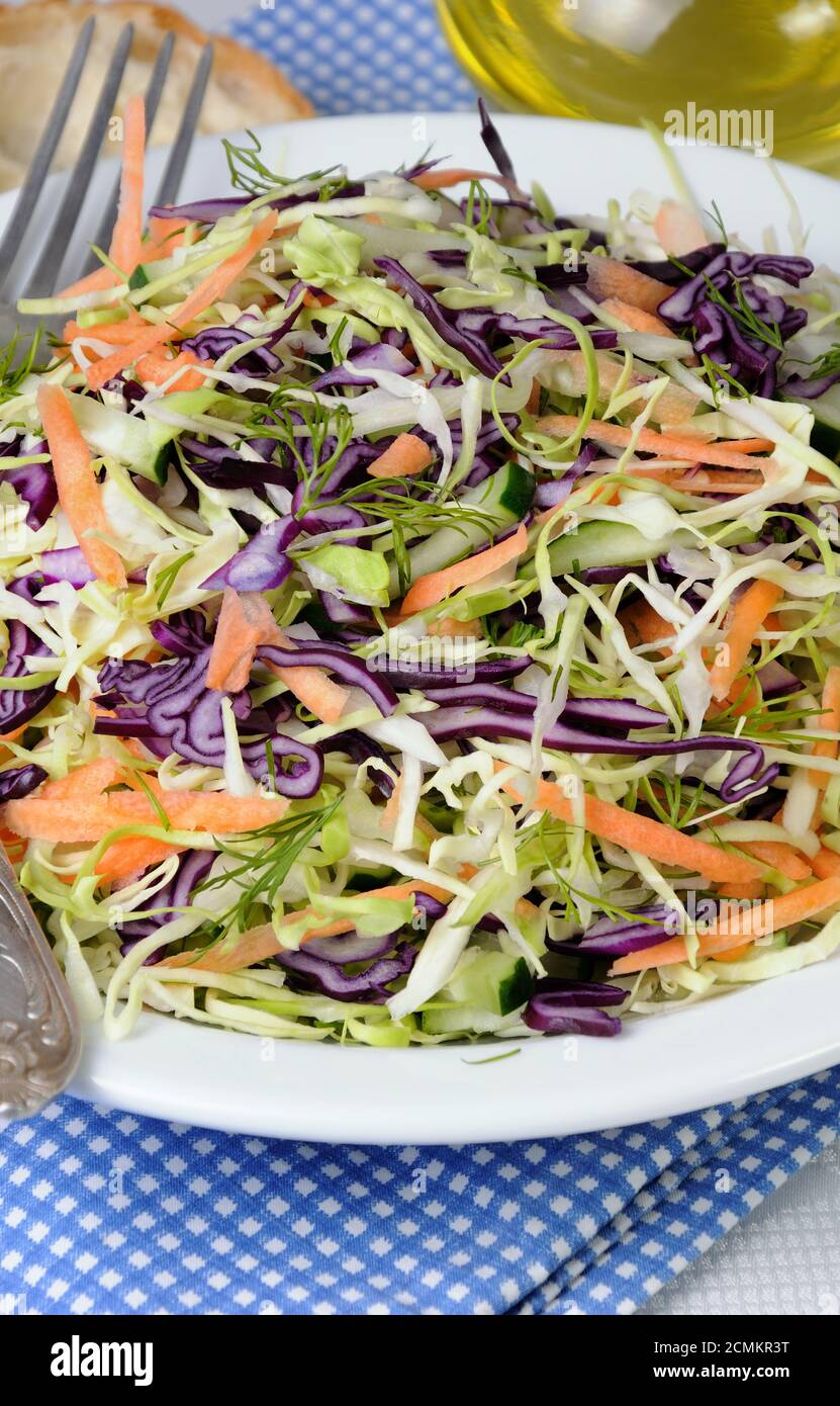 Salad coleslaw red and white cabbage with carrots and cucumber Stock