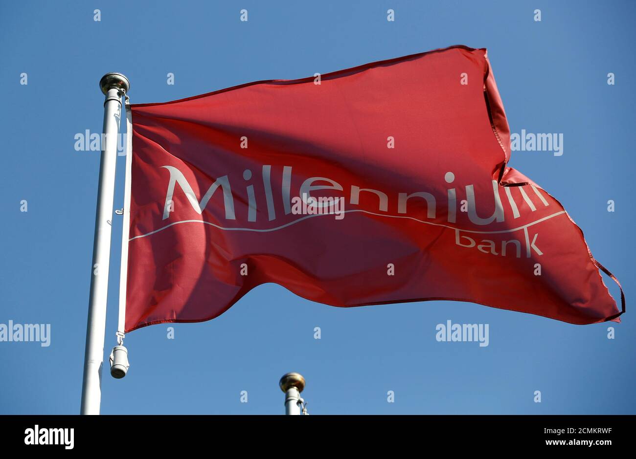 A logo of Millennium bank, Polish unit of Portugal's Millennium BCP, is  pictured on the flag