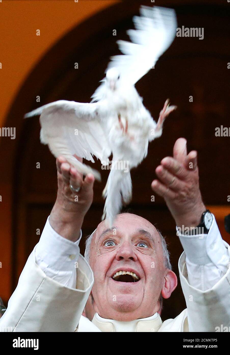 Pope Francis releases a dove at the end of a visit to the Chaldean Catholic Church of St. Simon Bar Sabbae in Tbilisi, Georgia, September 30, 2016. REUTERS/Alessandro Bianchi     TPX IMAGES OF THE DAY Stock Photo