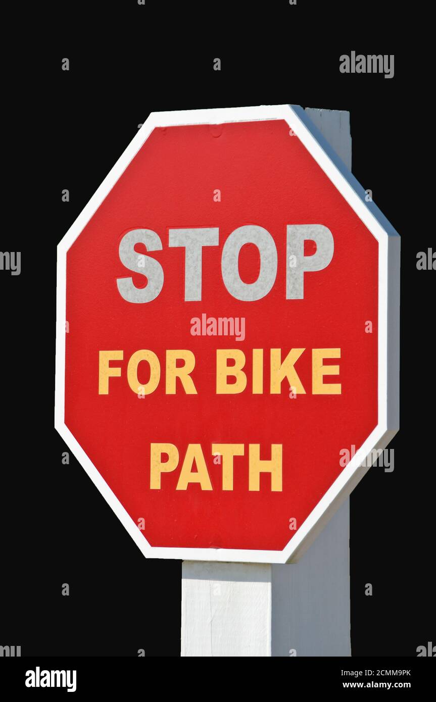 Stop For Bike Path Sign isolated on a Black Background Stock Photo