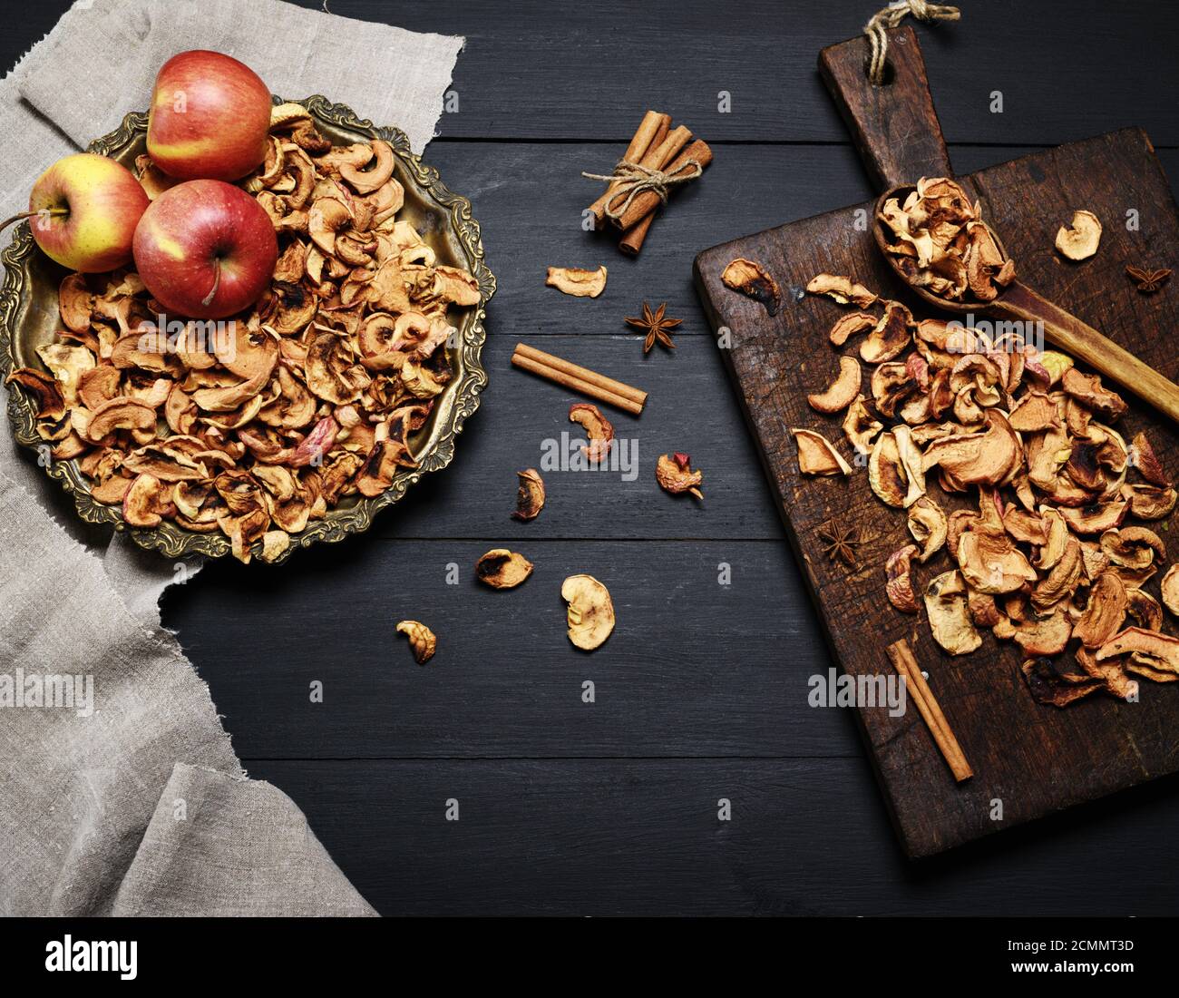 Dried pieces of apples in an iron plate Stock Photo