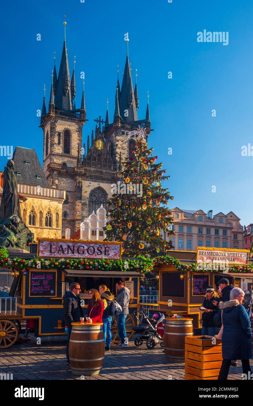 Czech Republic, Prague, Old Town, Stare Mesto, Old Town Square, Staromestske namestí, Tyn Church, Christmas Markets Stock Photo