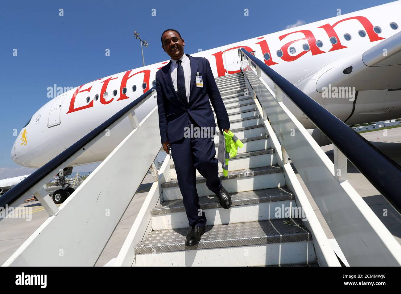 Thomas Gabreyohannes, Director for Germany and Central Europe of Ethiopian Airlines walks down the gangway of an Airbus A350-900 during a site-inspection at Fraport airport in Frankfurt, Germany, May 22, 2017.  REUTERS/Kai Pfaffenbach Stock Photo
