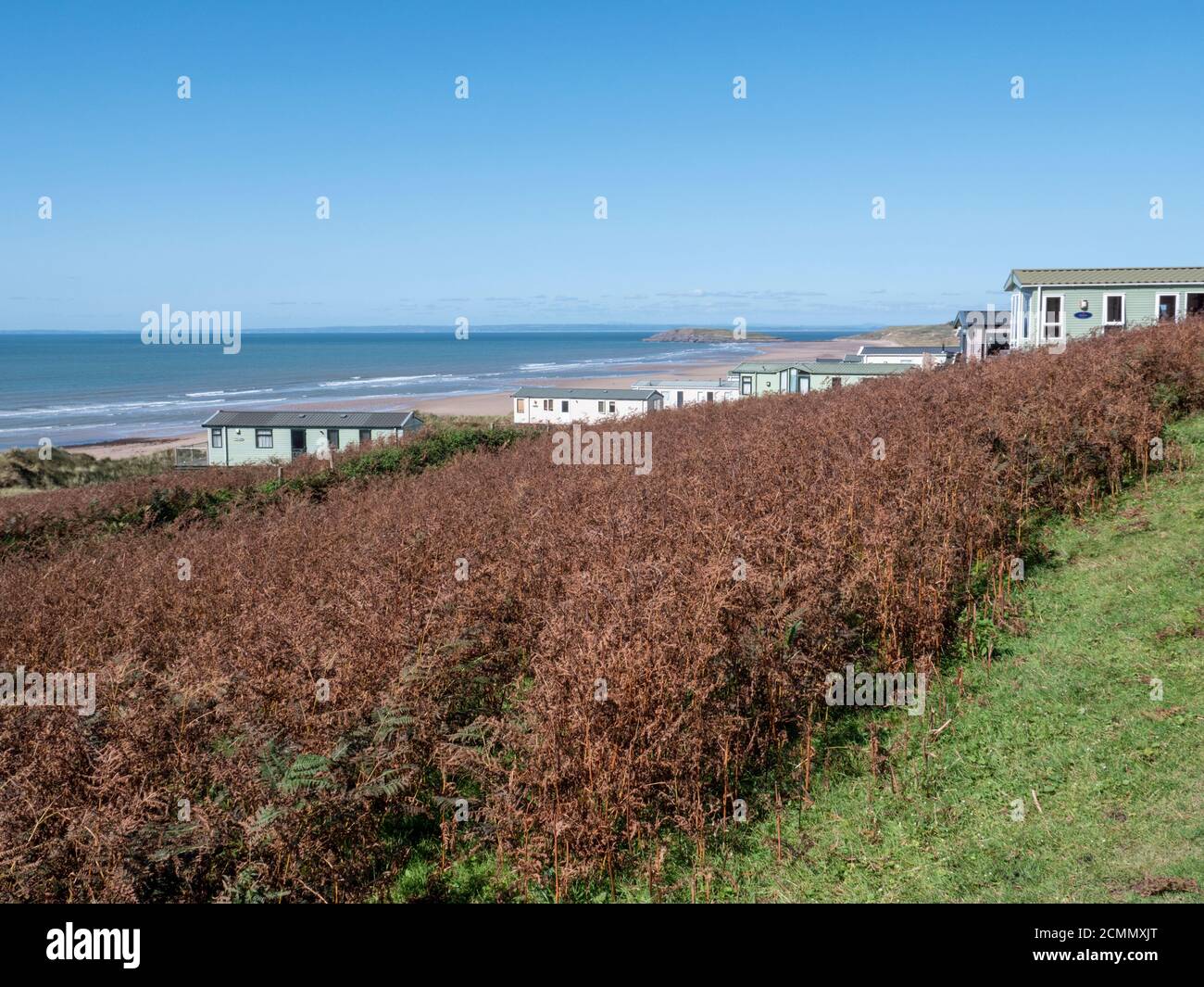 A static caravan park, or mobile home park at Hillend at Rhossili Beach