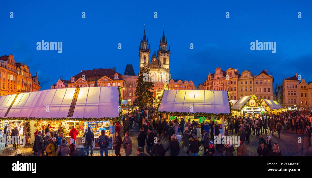 Czech Republic, Prague, Old Town, Stare Mesto, Old Town Square, Staromestske namestí, Tyn Church, Christmas Markets Stock Photo