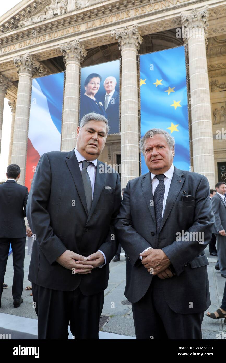 Pierre-Francois (L) and Jean Veil, the sons of late Auschwitz survivor and  French health minister Simone Veil and her late husband Antoine Veil,  arrive to attend a national tribute at the Pantheon