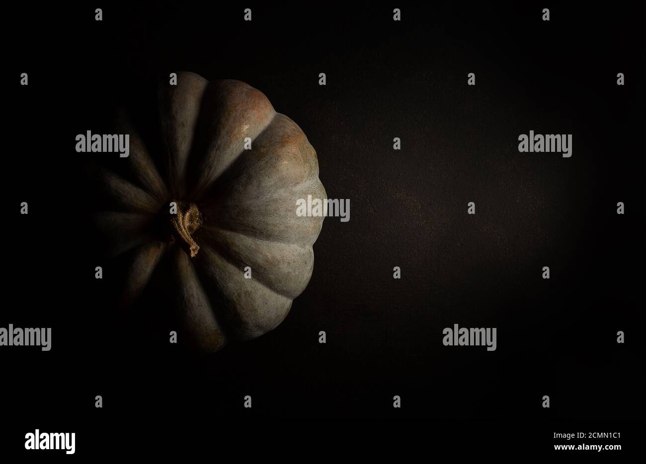 pumpkin in moody style, soft light with shadow on black background, mystical and dramatic scene, ideal for graphic backgrounds with text space Stock Photo
