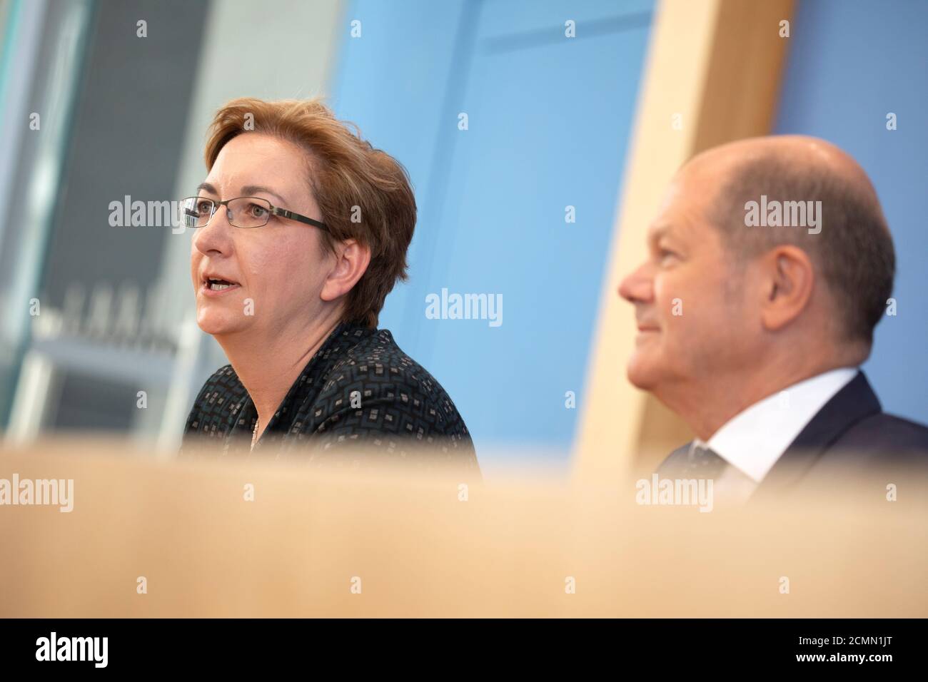 German Finance Minister Olaf Scholz and state legislator Klara Geywitz attend a news conference on their joint bid to lead their centre-left SPD party in Berlin, Germany, August 21, 2019.   REUTERS/Axel Schmidt Stock Photo