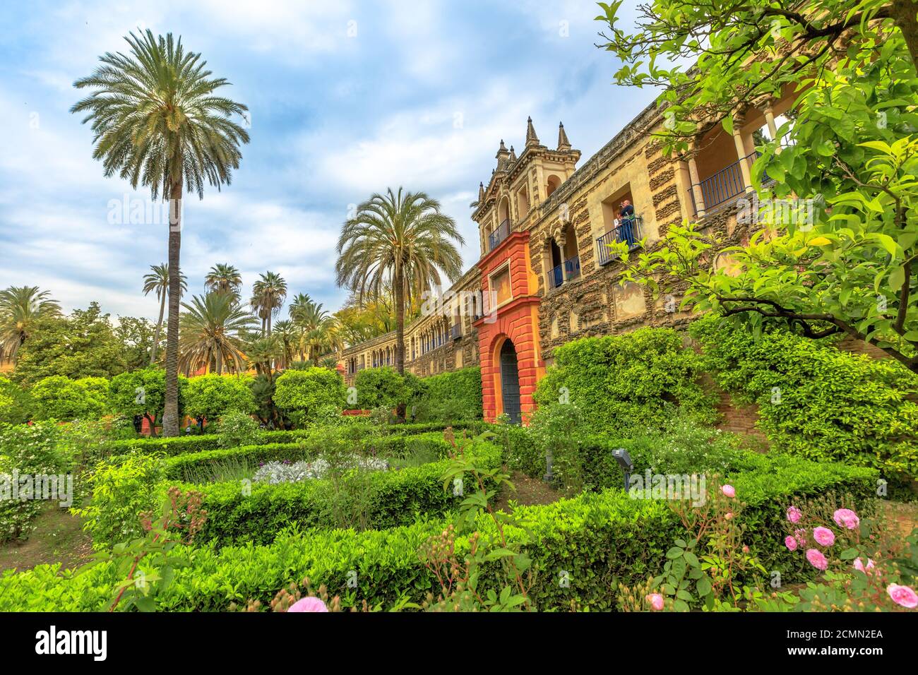 Seville, Andalusia, Spain - April 19, 2016: gardens of Royal Alcazars of Seville, one of great complexes of Spanish courtor, or Reales Alcazares Stock Photo