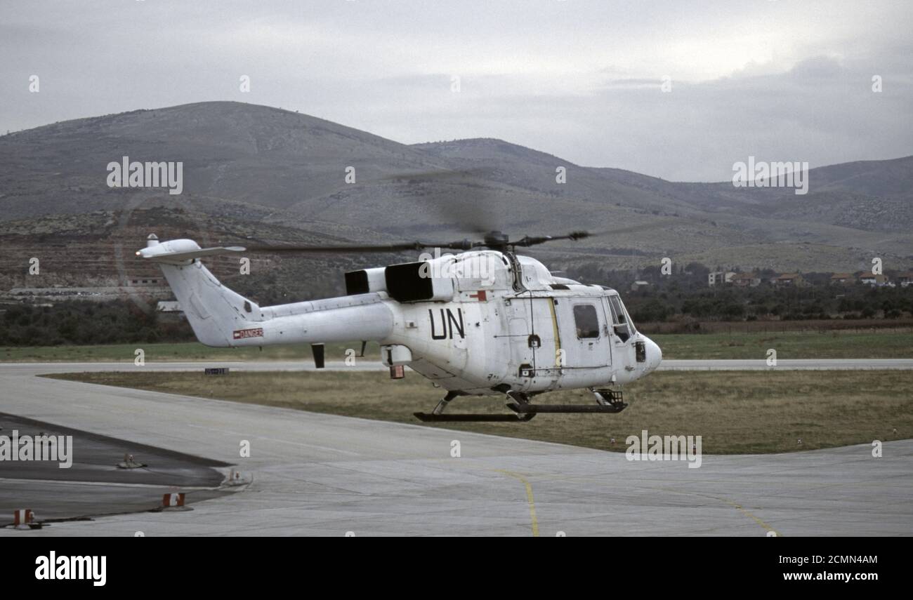 8th December 1995 During the war in Bosnia: a Westland Lynx helicopter in low flight at Split airport in Croatia. Stock Photo