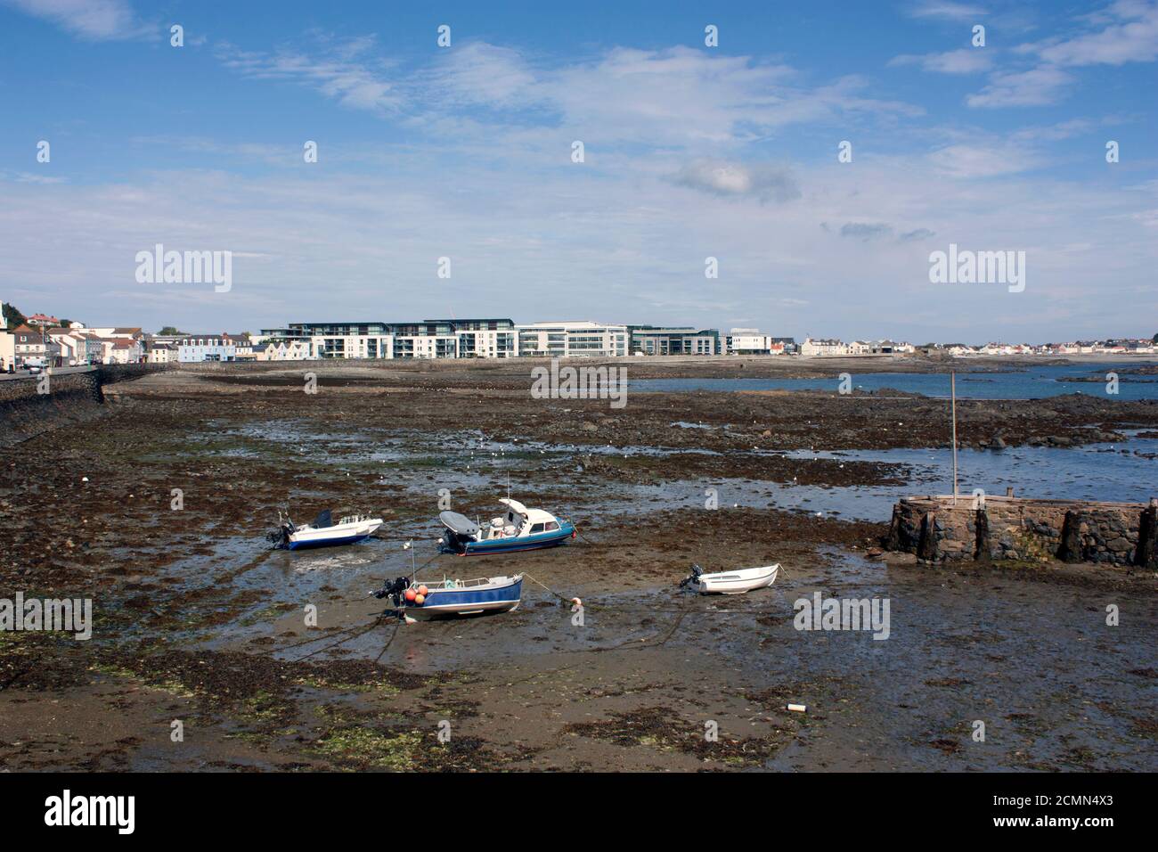Channel Islands. Guernsey. St Peter Port. Admiral Park with La Salerie harbour boats and Belle Greve Bay at low tide. Stock Photo