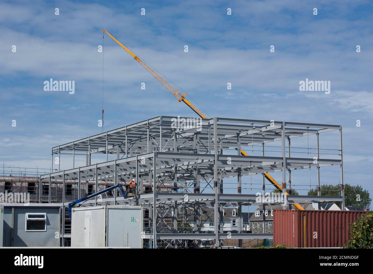 Channel Islands. Guernsey. Admiral Park. Construction site. Steel frame of new commercial building development. Stock Photo