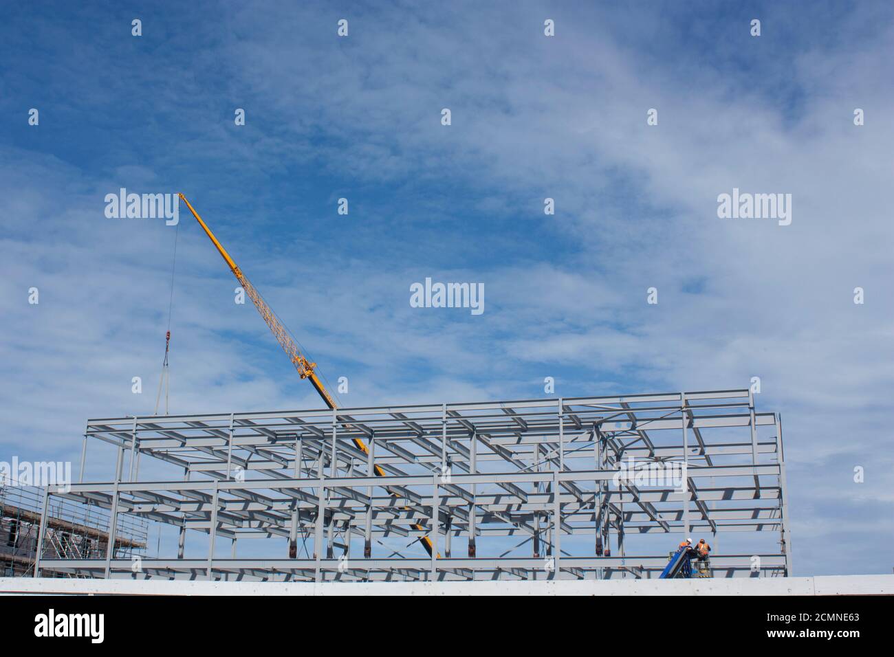 Channel Islands. Guernsey. Admiral Park. Construction site. Steel frame of new commercial building development. Stock Photo