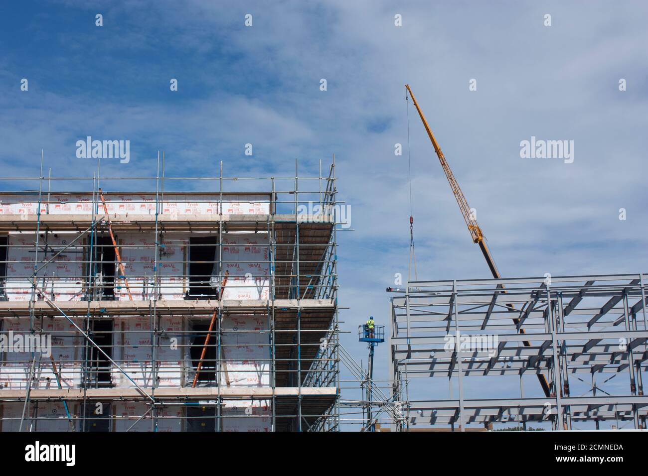 Channel Islands. Guernsey. Admiral Park. Construction site. Steel frame of new commercial building development. Stock Photo