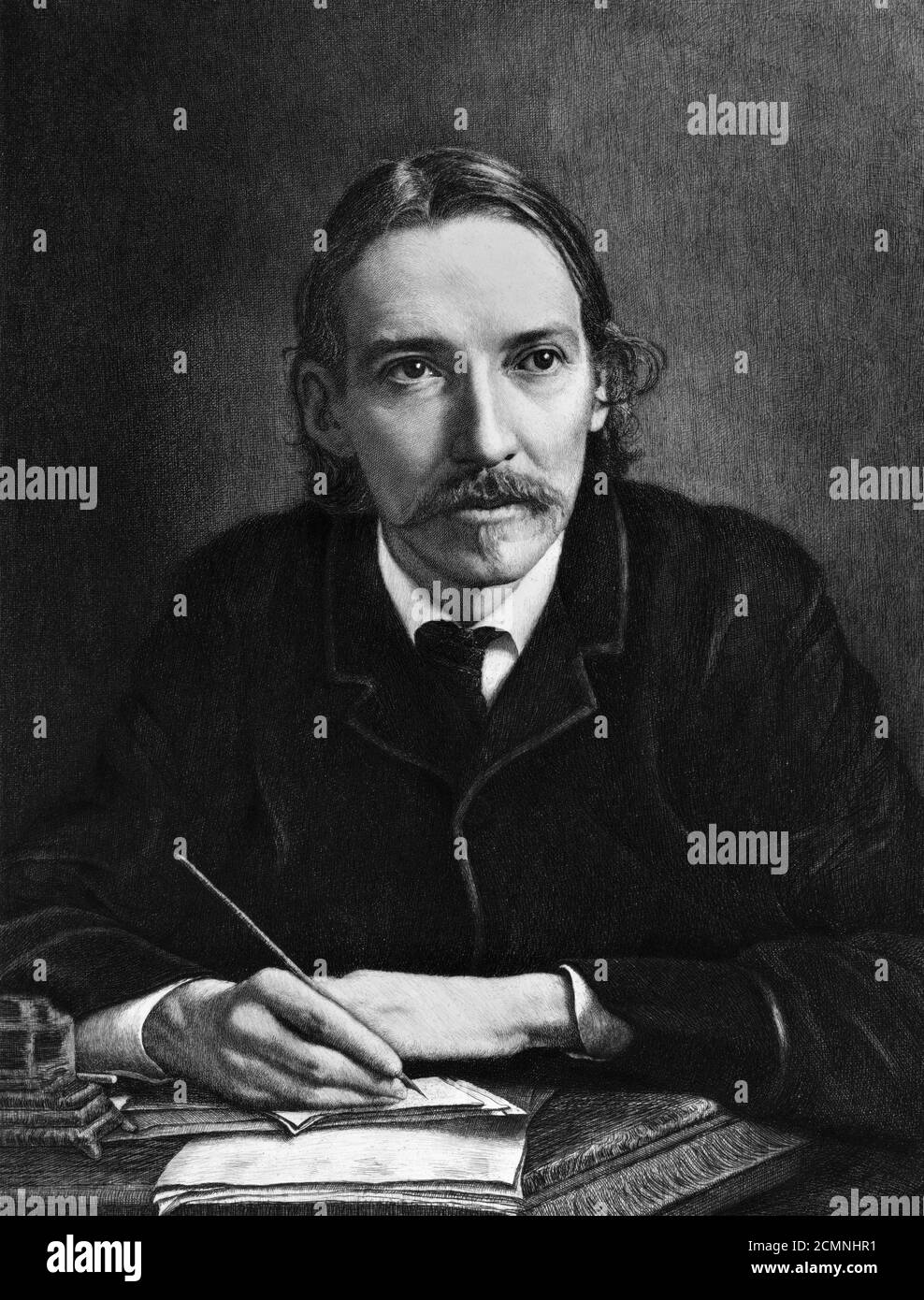 Robert Louis Stevenson. Portrait of the Scottish novelist, Robert Louis Stevenson (1850-1894), by Jacques Reich, engraving, 1909 Stock Photo