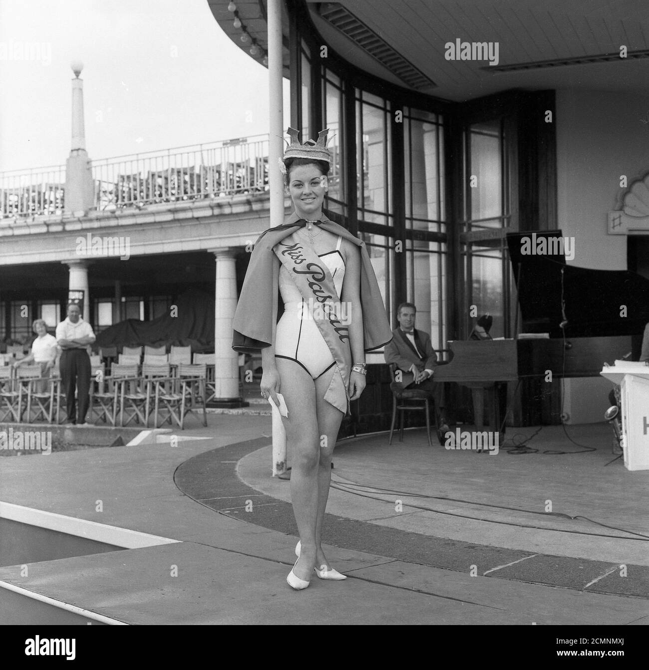 1960s, historical, Beauty Queen, Miss Pascall, standing for a photograph at thebandstand at Scarborough, England, UK. Stock Photo