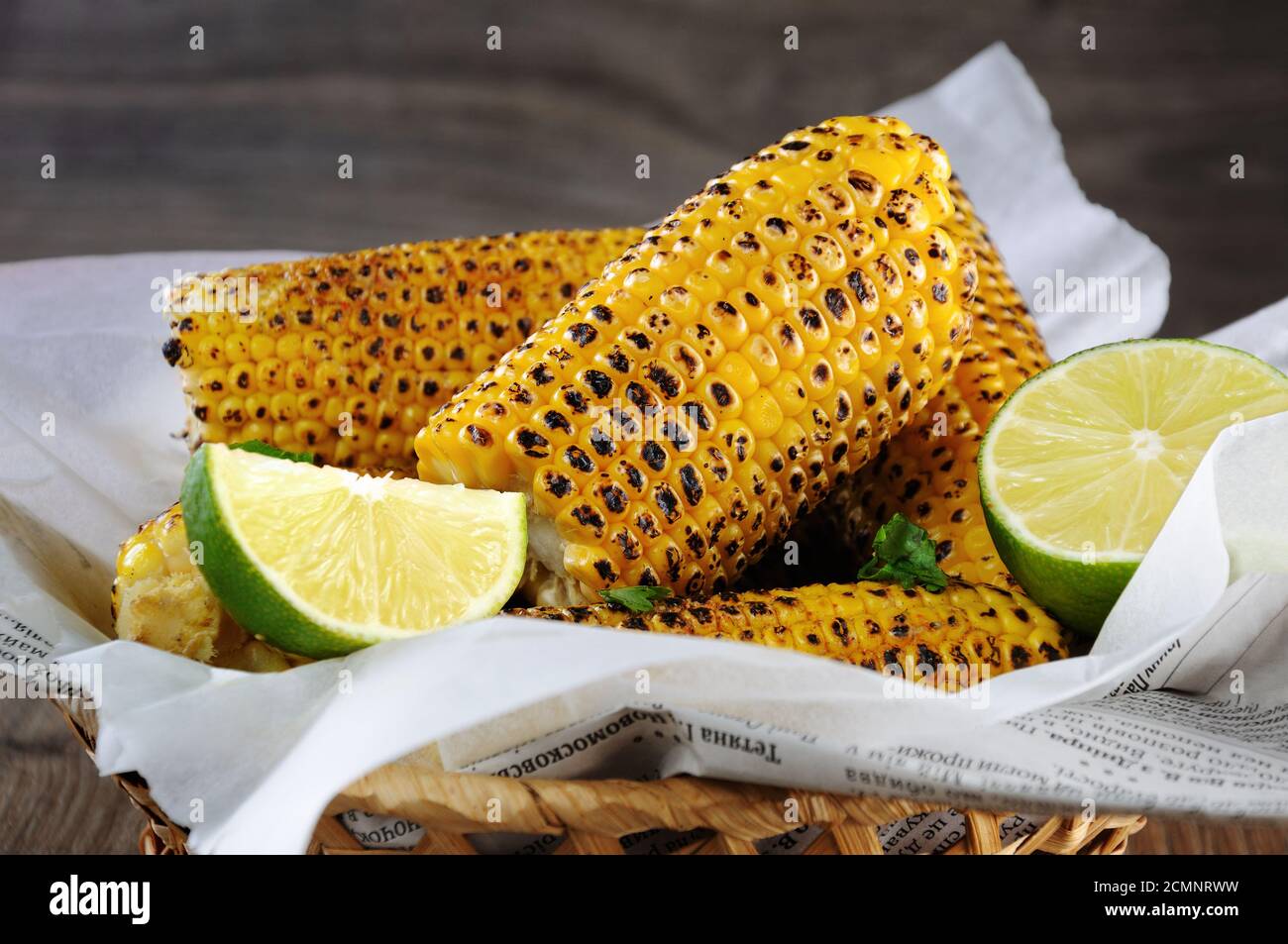 Delicious fried corn, grated with lime and seasoned with spicy spices