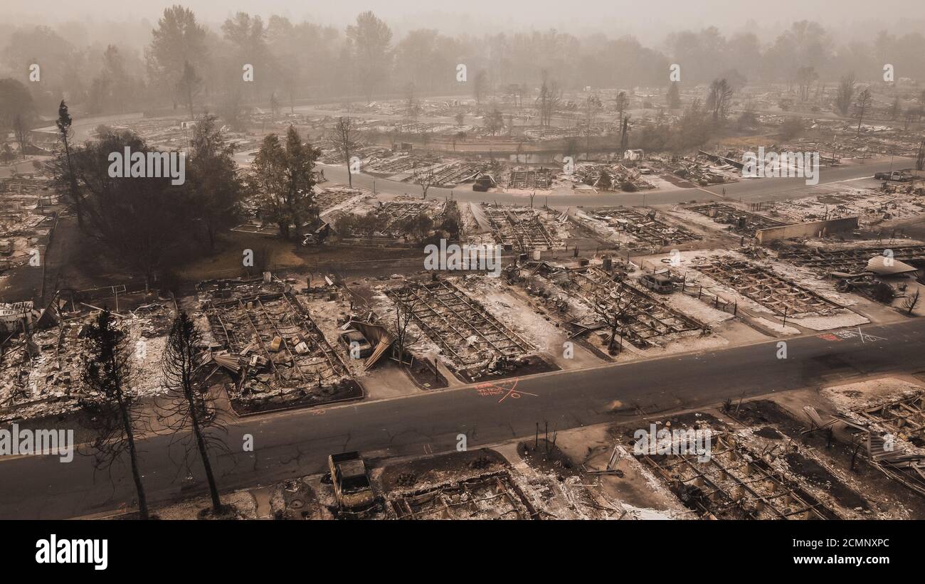 Panoramic aerial View of Almeda Wildfire in Southern Oregon Talent