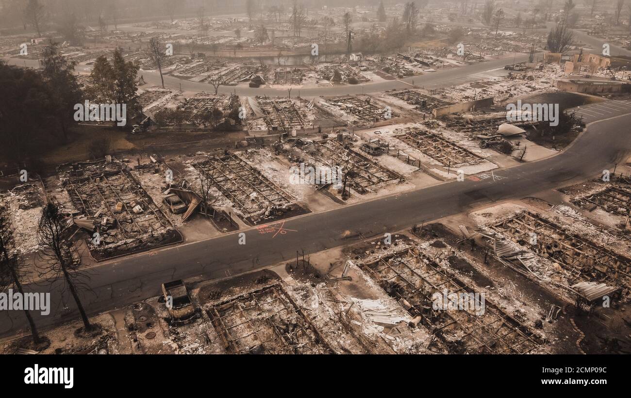 Panoramic aerial view of Almeda Wildfire in Southern Oregon Talent