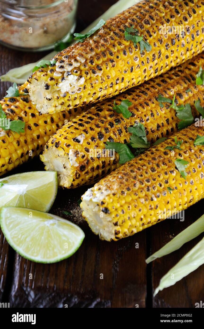 Delicious fried corn, grated with lime and seasoned with spicy spices