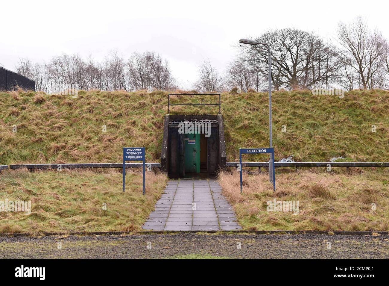 The entrance is seen at a former Regional Government HQ Nuclear bunker built by the British government during the Cold War which  has come up for sale in Ballymena, Northern Ireland on February 4, 2016. It is owned by the Office of Northern Ireland's First Minister and Deputy First Minister and capable of accommodating 236 personnel for extended periods. A large range of the original fixtures and fittings are to be included in the sale. It is believed to be one of the most technically advanced bunkers built in the UK with an array of advanced life support systems. In the event of a nuclear att Stock Photo