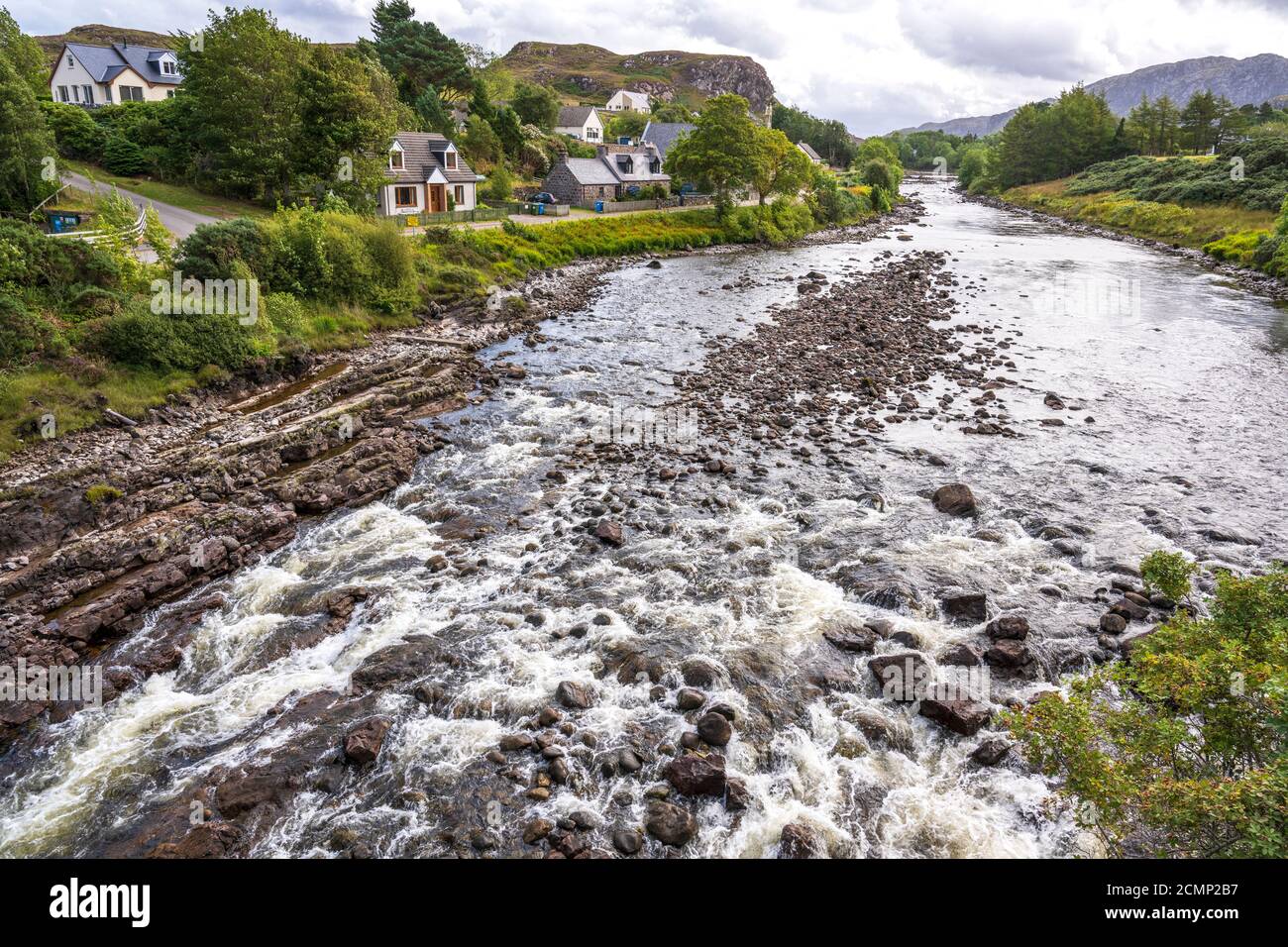 View of River Ewe looking upstream from road bridge at Poolewe in Wester Ross, Scotland, UK Stock Photo