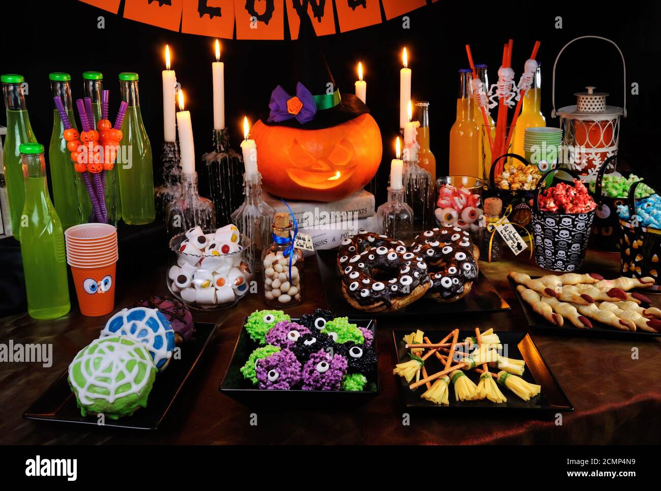 Buffet table with sweets and drinks, cooked  and decorated in honor of Halloween Stock Photo