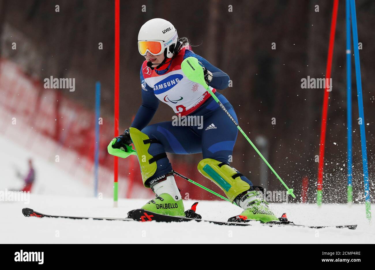 Alpine Skiing - Pyeongchang 2018 Winter Paralympics - Women's Slalom - Visually Impaired - Run 1 - Jeongseon Alpine Centre - Jeongseon, South Korea - March 18, 2018 - Kelly Gallagher of Britain.   REUTERS/Paul Hanna Stock Photo