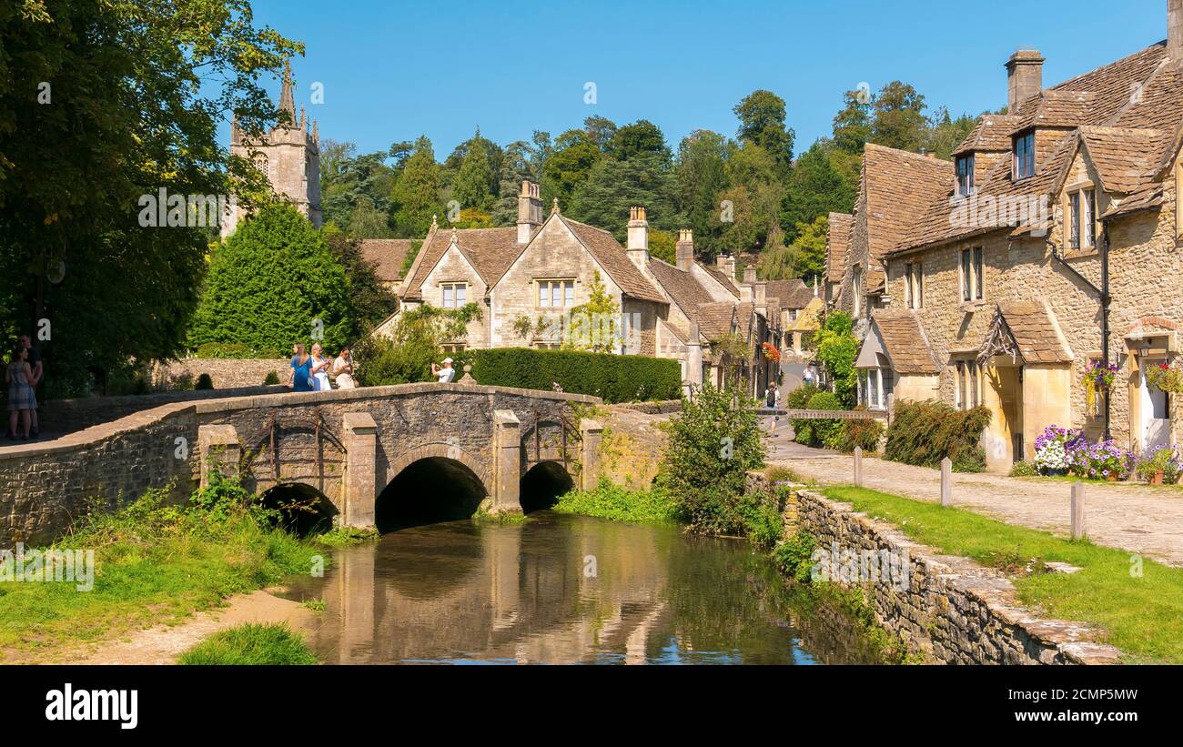 Castle Combe is a quintessentially English village often named as the ‘Prettiest village in England.' The village sits in the Cotswolds area. Stock Photo