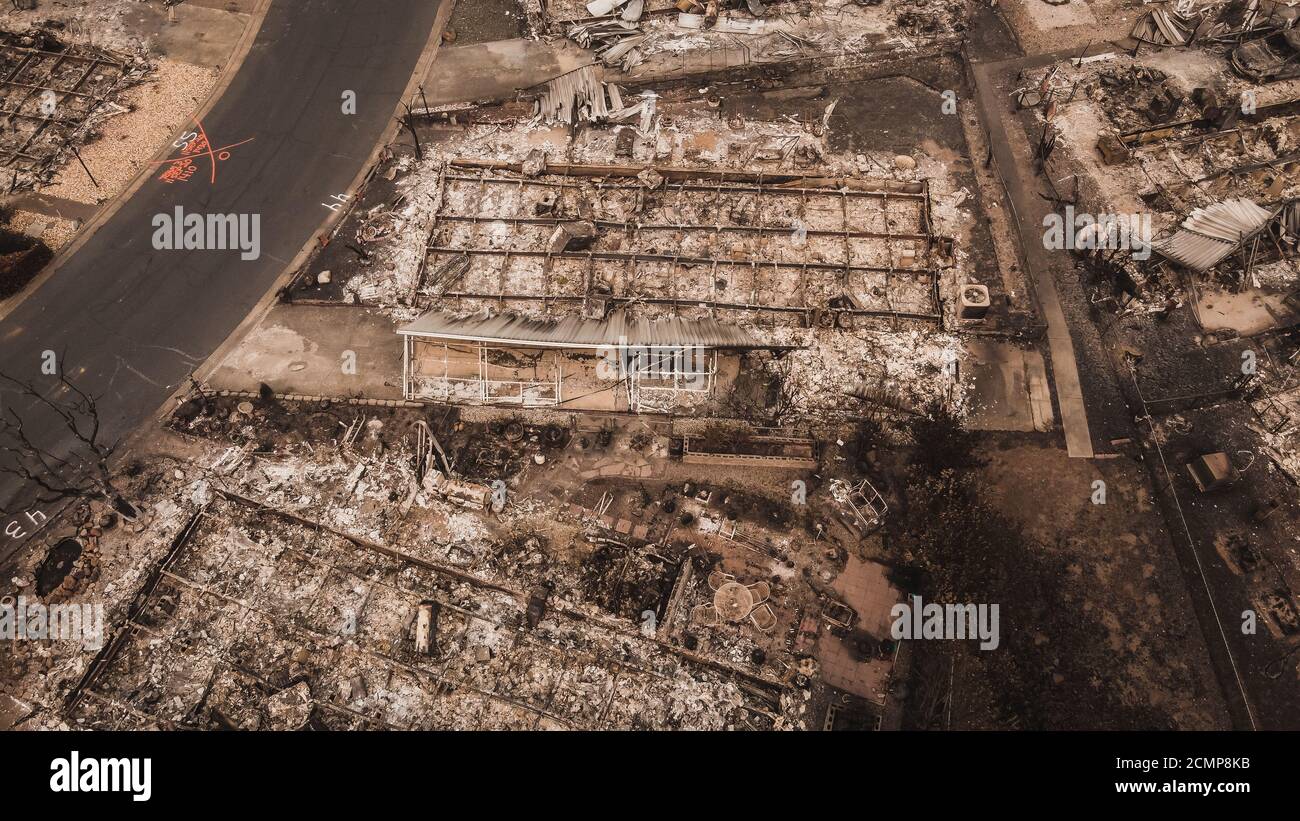 Aerial View of Almeda Wildfire aftermath in Southern Oregon showing road and property. Fire Destroys many structures and mobile homes. Stock Photo