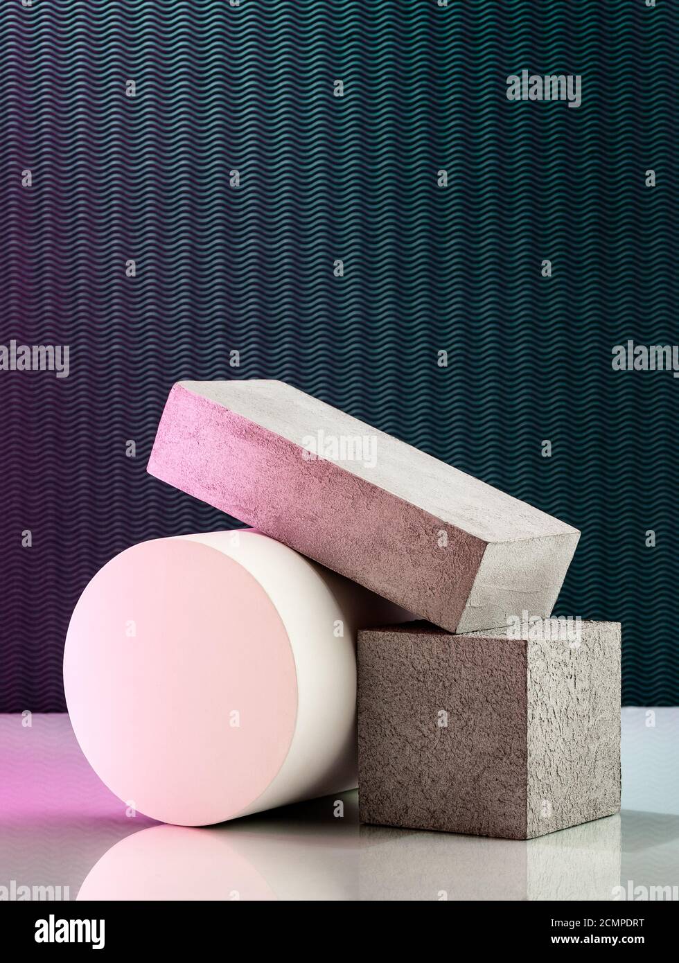 Art composition of volumetric geometric shapes on a textural background with artistic lighting. Stock Photo