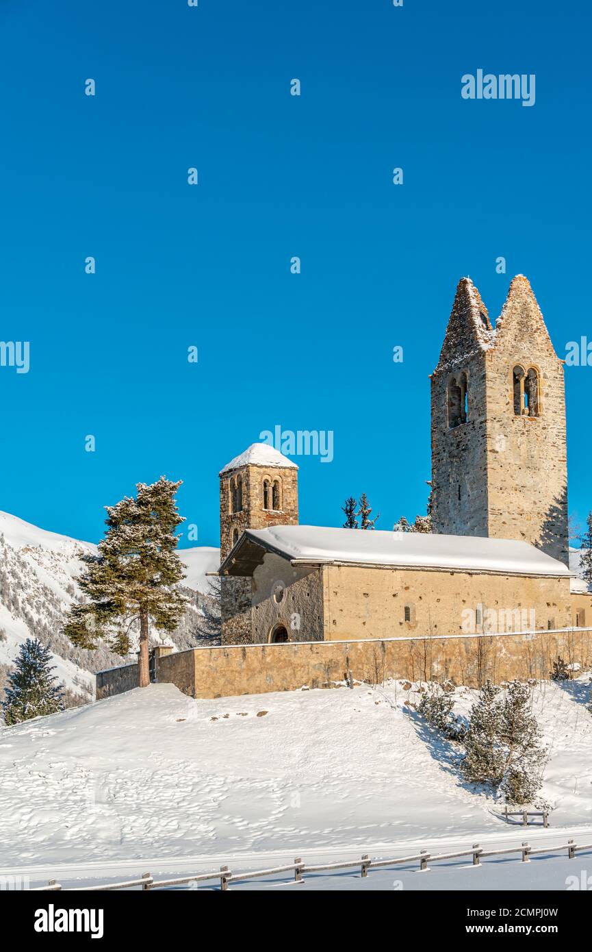 Church San Gian of Celerina in winter, Engadin, Grisons, Switzerland Stock Photo