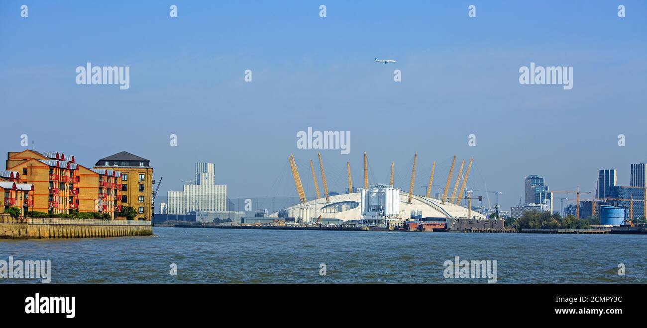 Greenwich, London, 2019.  The O2 centre is situated on the banks of the River Thames, and is a large venue which hosts all major concerts.  It was ori Stock Photo