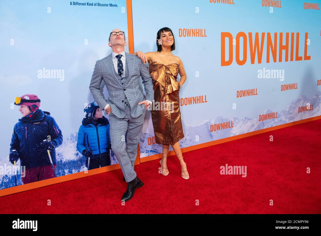 Zoe Chao (R) and Jim Rash attend the premiere of "Downhill" at SVA
