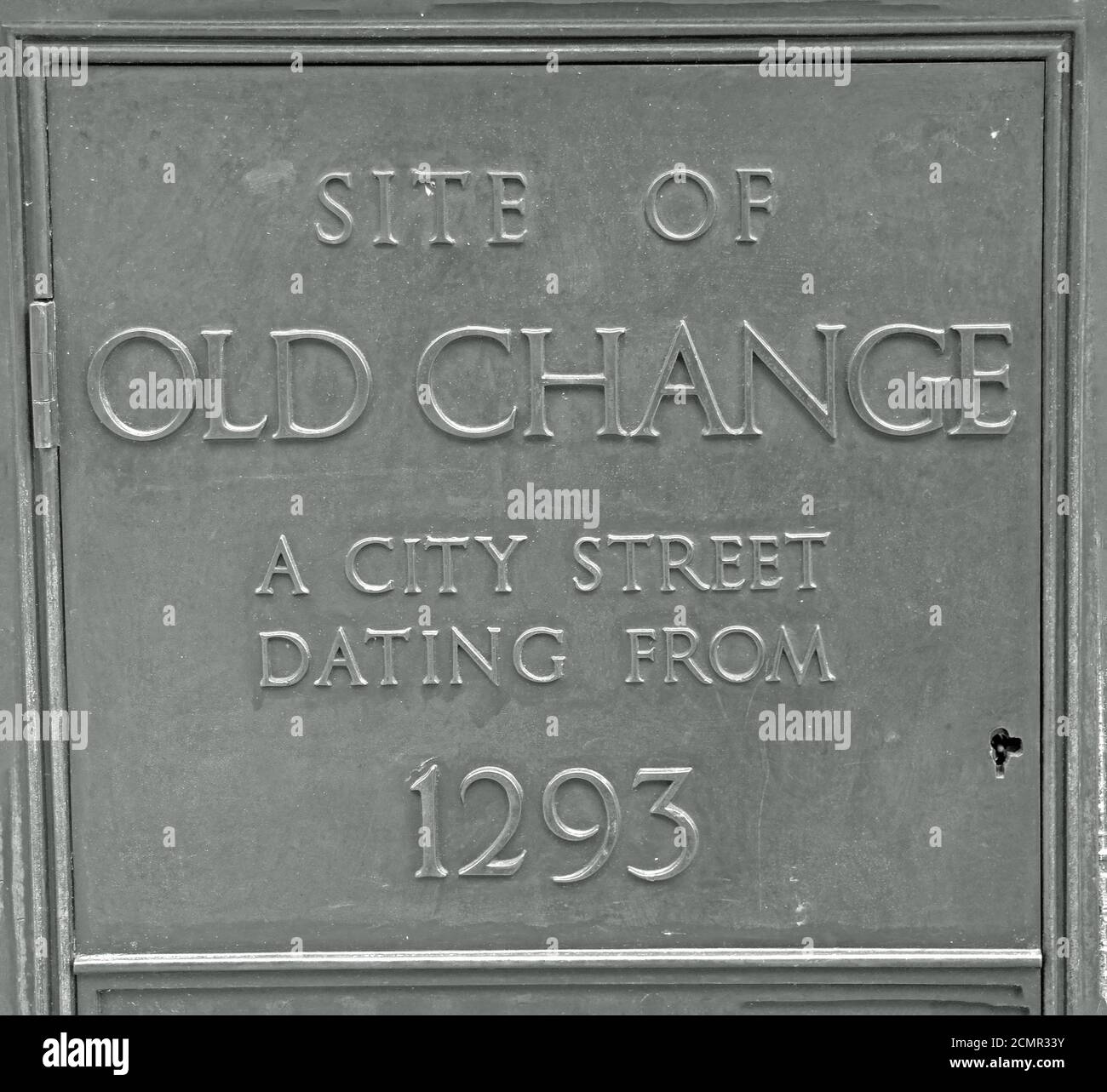 Old Change Plaque, London, 2018. Site of Old Change, a city street dating from 1293, located in St Paul's Churchyard, Festival Gardens Stock Photo
