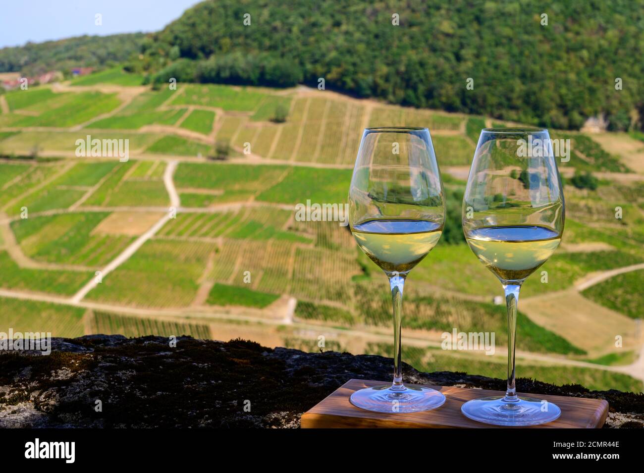 Outdoor tasting of white or jaune Jura wine on vineyards near ChateauChalon village in Jura