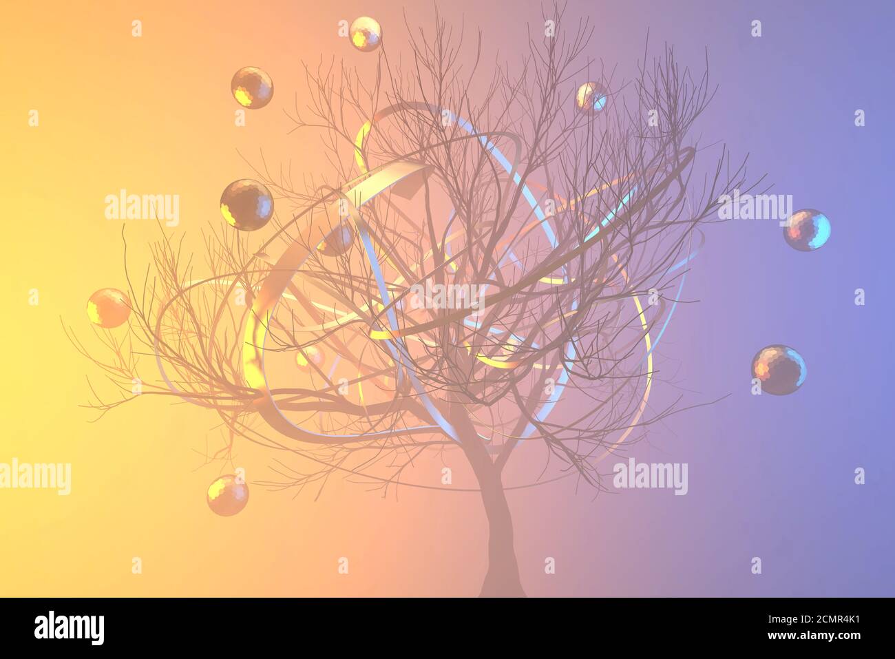 A Tree, Golden spheres flying around, and steel bands encircling the